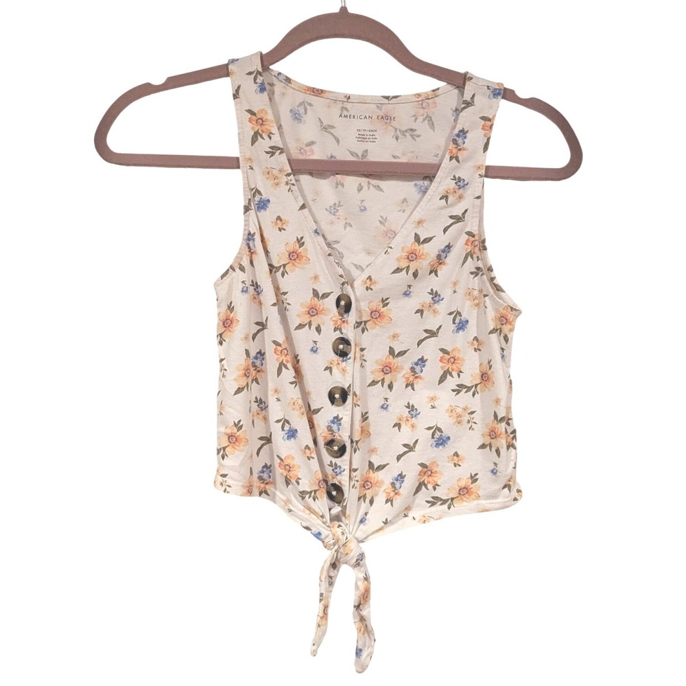 American Eagle Floral Tank Top XS White Orange Tie Front Button V-Neck Boho Crop